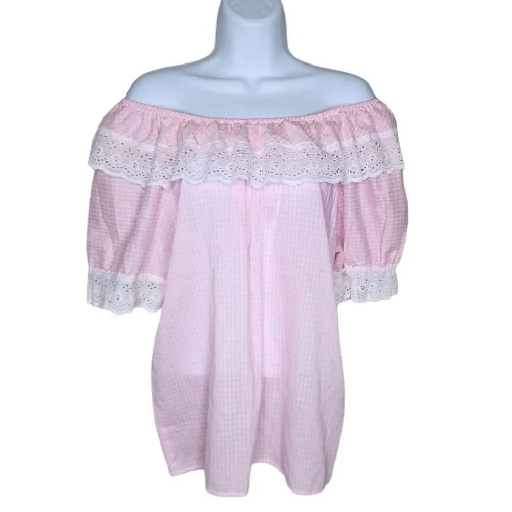 Vintage 70s Off Shoulder Top Blouse Shirt Womens Size M Pink Gingham Check Count